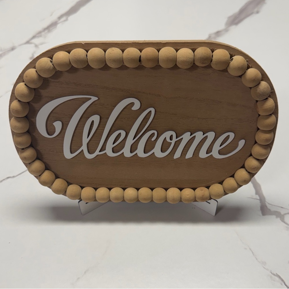 Wood Beaded "Welcome" Sign with easel Farmhouse Style